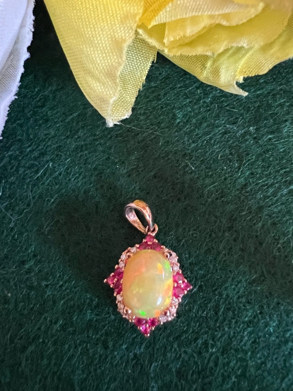 10k Solid Rose Gold Ethiopian Opal with Genuine Diamond and Ruby Halo Pendant